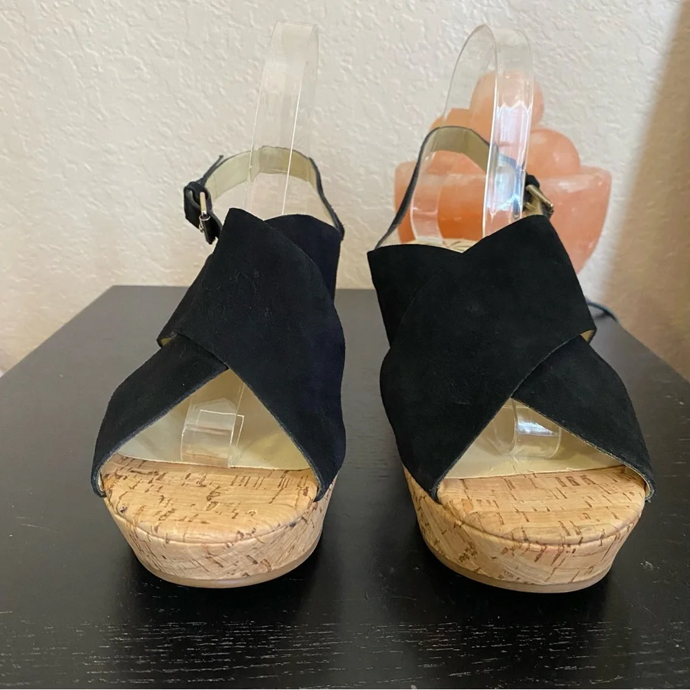 ISAAC MIZRAHI LIVE SLINGBACK CORK WEDGE SANDAL. MADDIE. BLACK SUEDE SZ 10 M